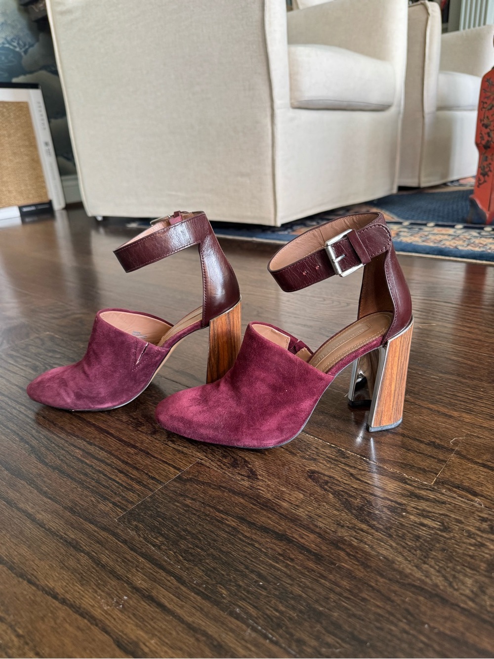 Women's BCBGMaxAzria Ankle-Strap Block Heel Mules in Burgundy suede